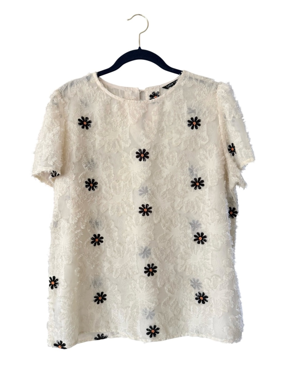 Women’s Cream Short Sleeve Textured Floral Top Navy Daisy Embroidery Size L